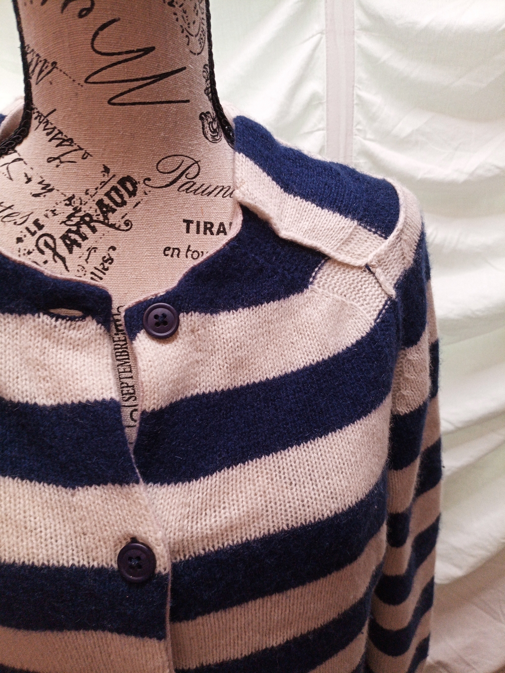 360 Cashmere Navy and Cream Striped Button-Front Cashmere Cardigan - Picture 2 of 8